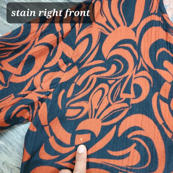 June + Vie Gauze Maxi Dress Abstract Orange Blue Sz 12 Coastal Grandmother - Picture 9 of 10